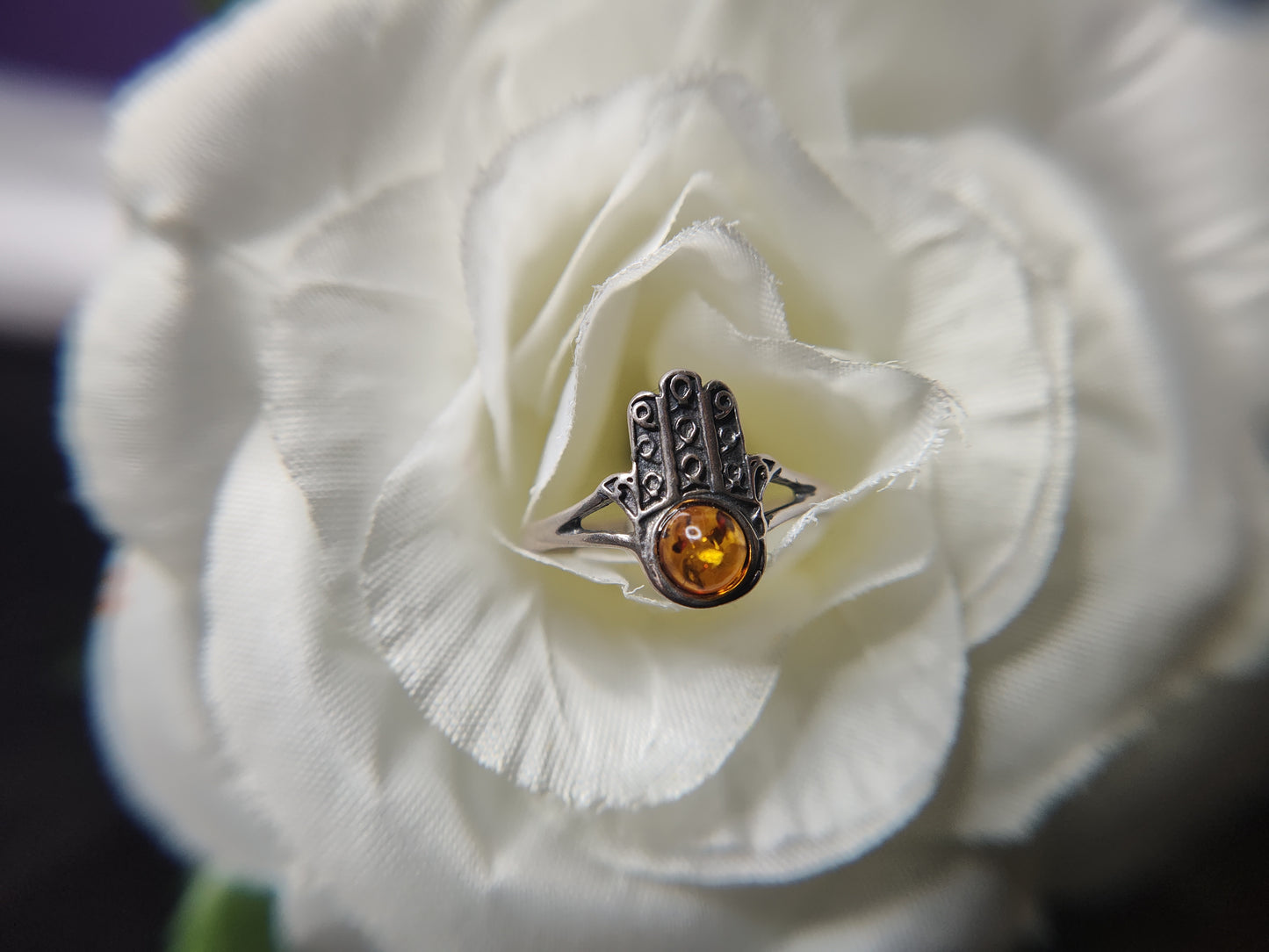 Amber Set in Sterling Silver Hamsa Hand Ring