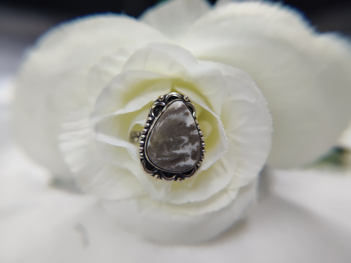 Coral Jasper Rain Drop in Sterling Silver Setting Ring