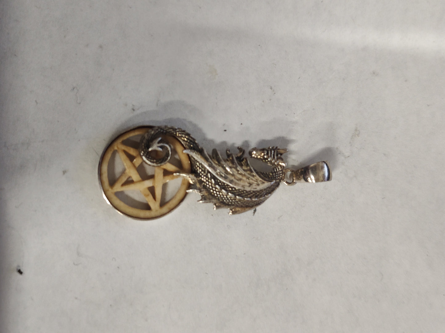Ox Bone Pentacle in a Sterling Silver Dragon Pendant