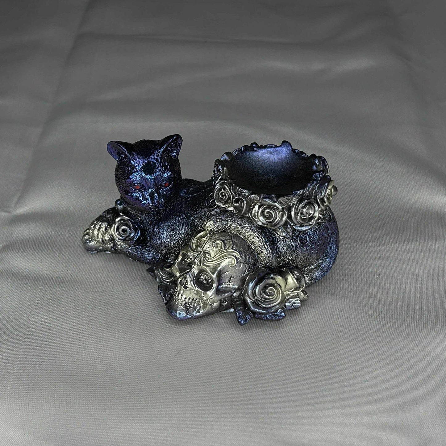 Blue and Silver Cat and Skull with Roses