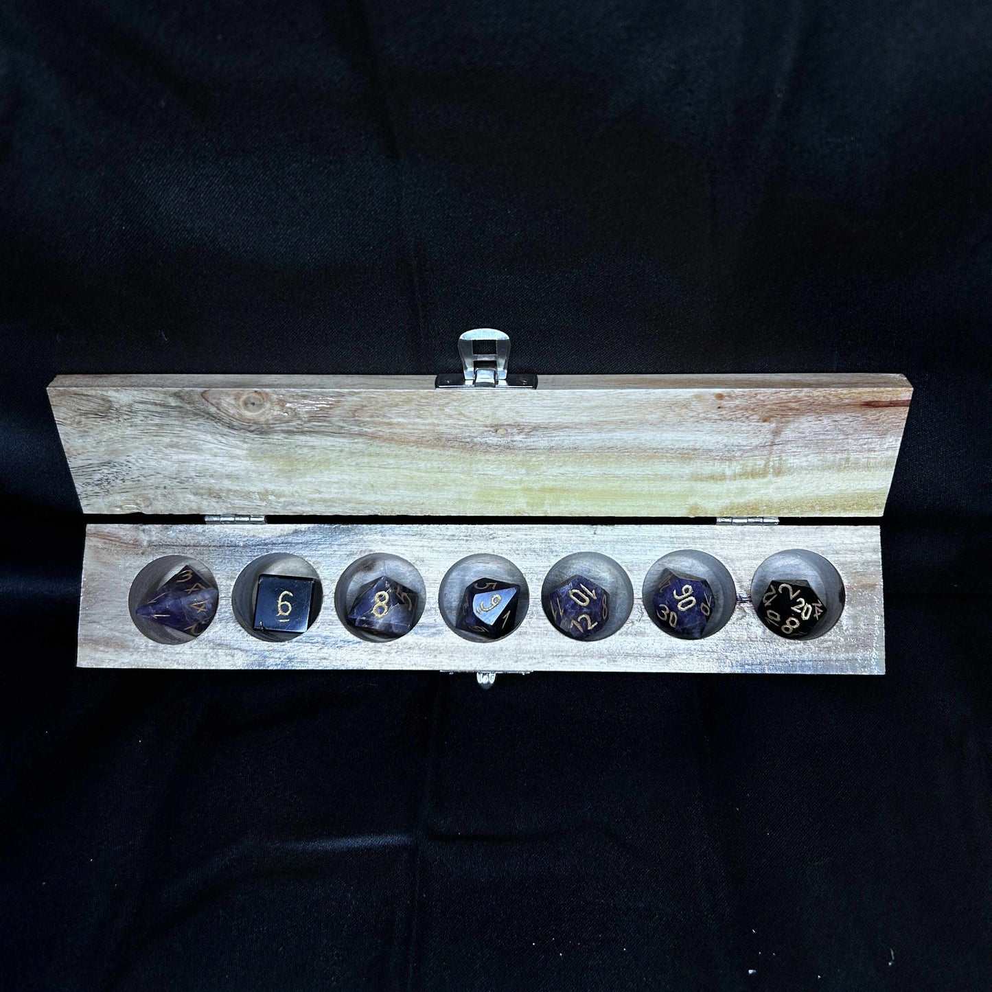 Chevron Amethyst DnD Dice with Wooden Case