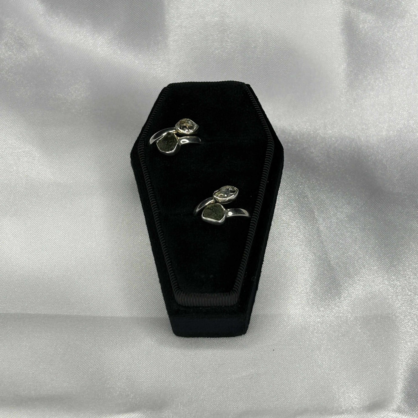 Moldavite and Herkimer in Sterling Silver Layered Setting Ring