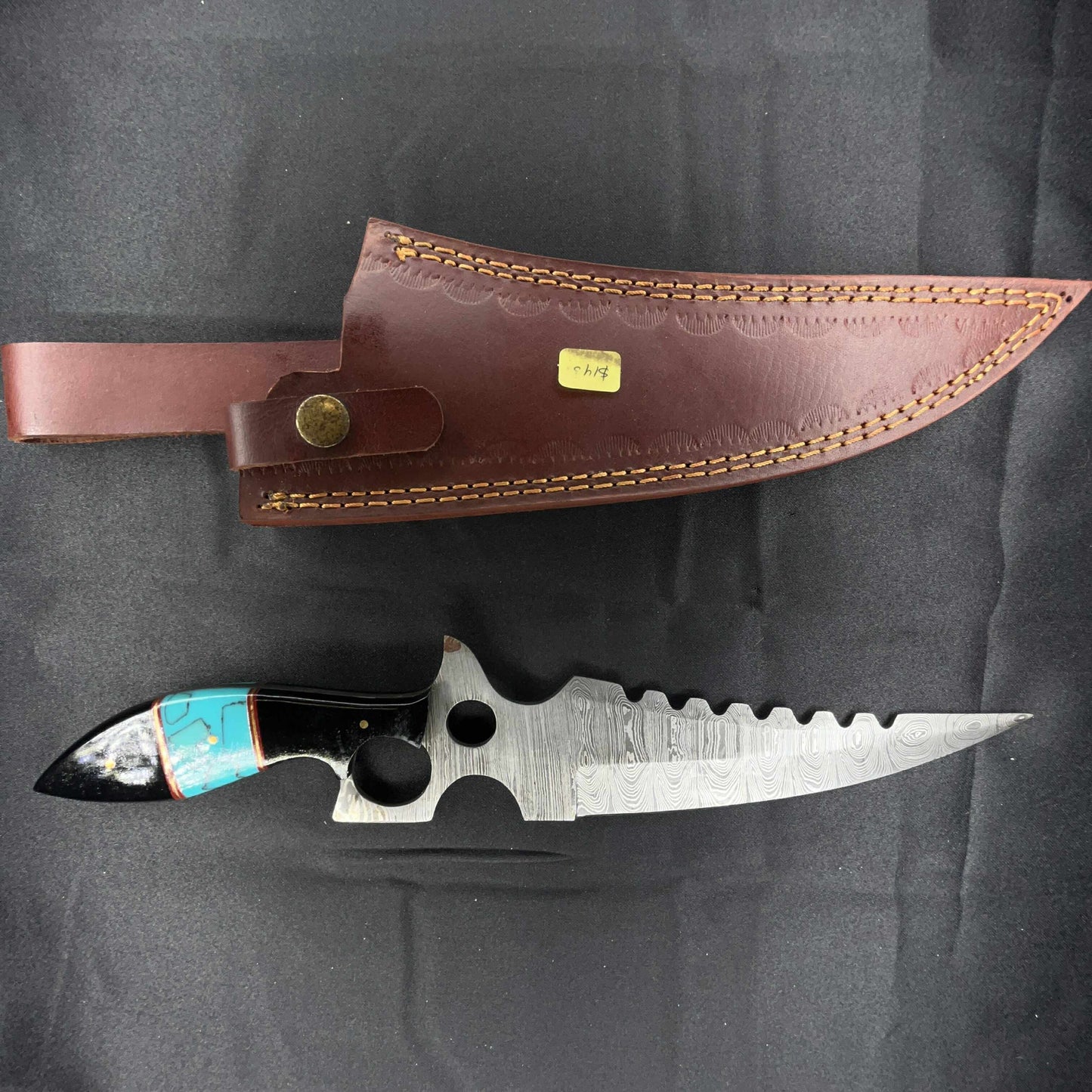 10 in Full Tang Damascus Steel Bowie Knife with Leather Sheath and Turquois Hilt