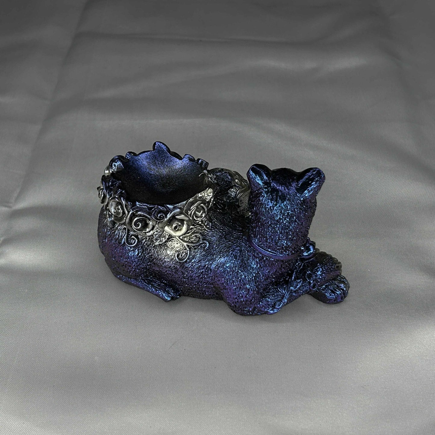 Blue and Silver Cat and Skull with Roses