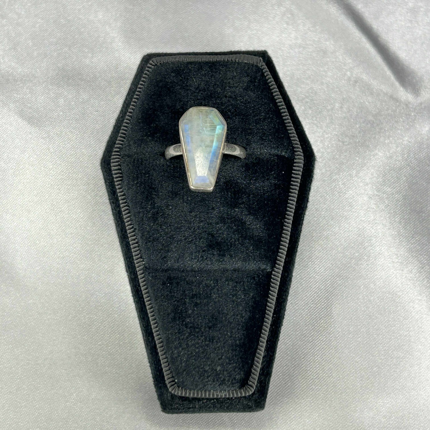 Rainbow Moonstone Sterling Silver Coffin Cut Ring