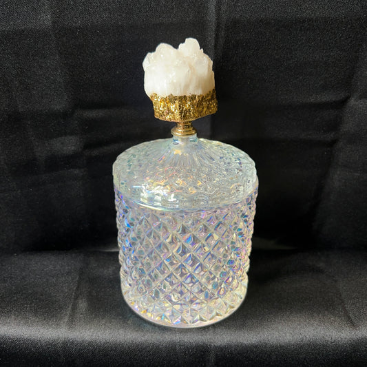 Iridescent Glass Candle Jar w/ White Quartz Lid Handle