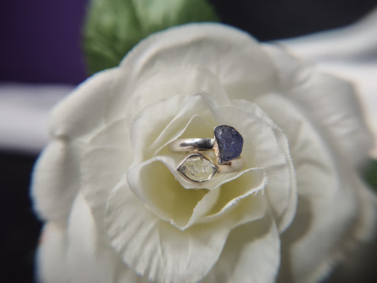 Blue Tanzanite and Herkimer Diamonds Set in Sterling Silver Adjustable Ring