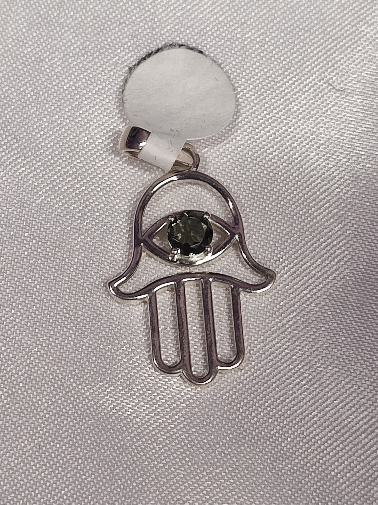 Moldavite Circle Cut in Sterling Silver Hamsa Hand Charm