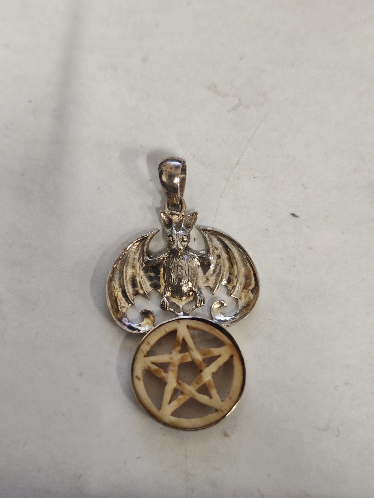 Ox Bone Pentacle in Sterling Silver Bat Pendant