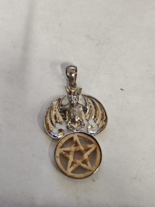 Ox Bone Pentacle in Sterling Silver Bat Pendant