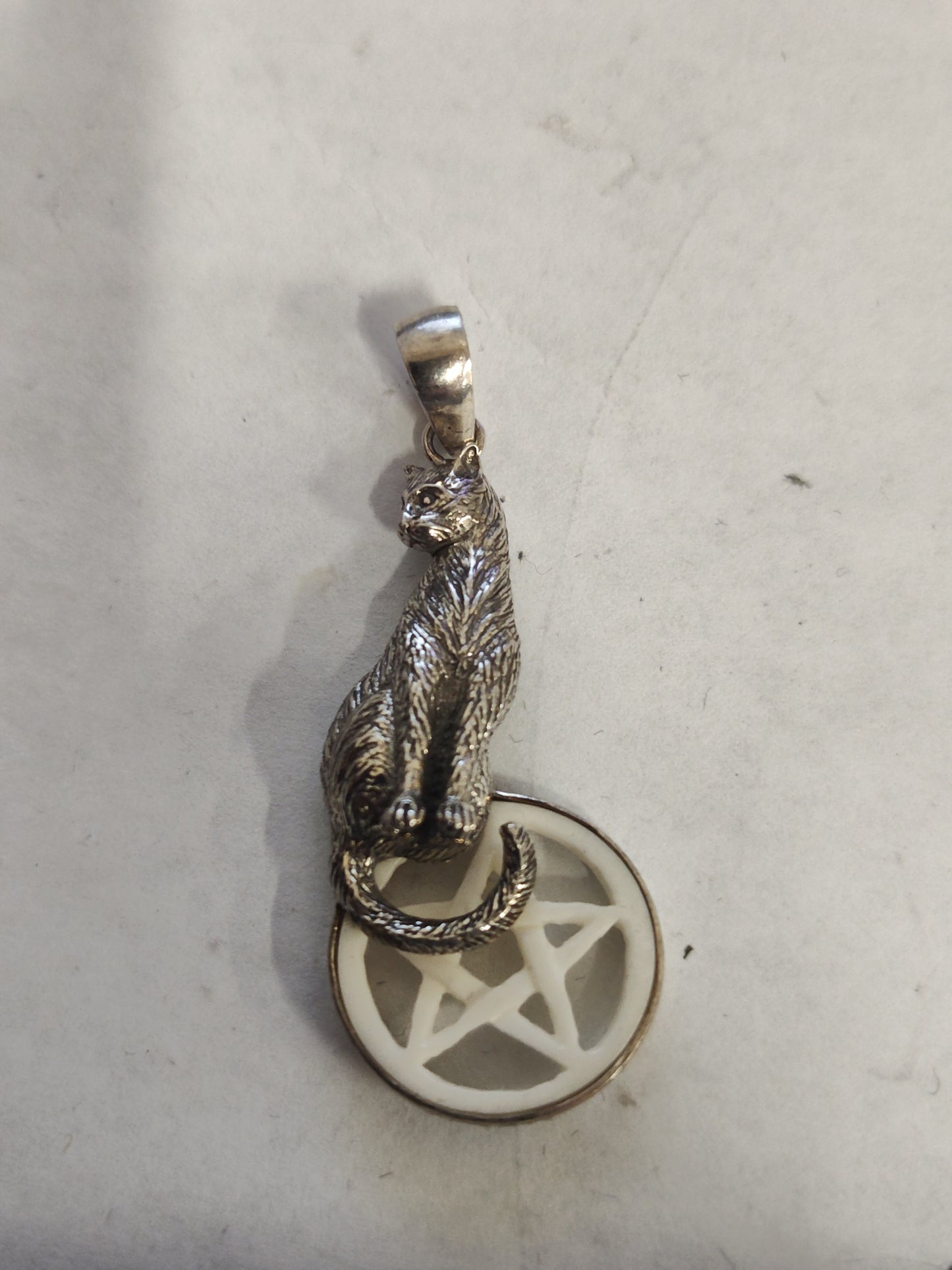 Ox Bone Pentagram with Sterling Silver Cat Pendant
