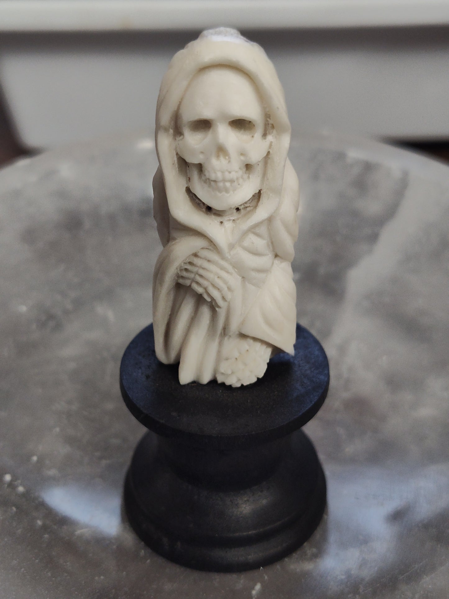 Bone Carved Santa Muerte Statue in Wood Base