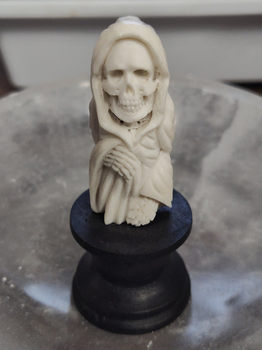 Bone Carved Santa Muerte Statue in Wood Base