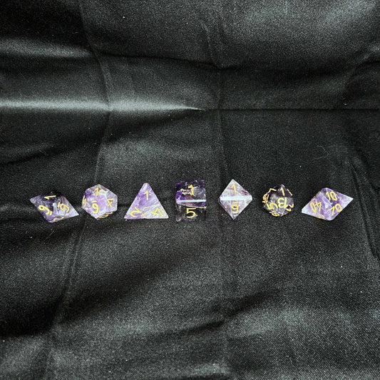 Chevron Amethyst DnD Dice with Wooden Case