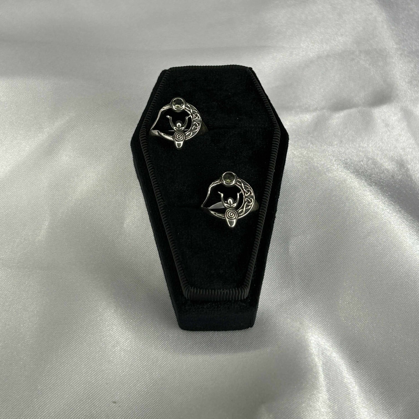 Moldavite Raw Cut in a Sterling Silver Moon Goddess Setting Ring