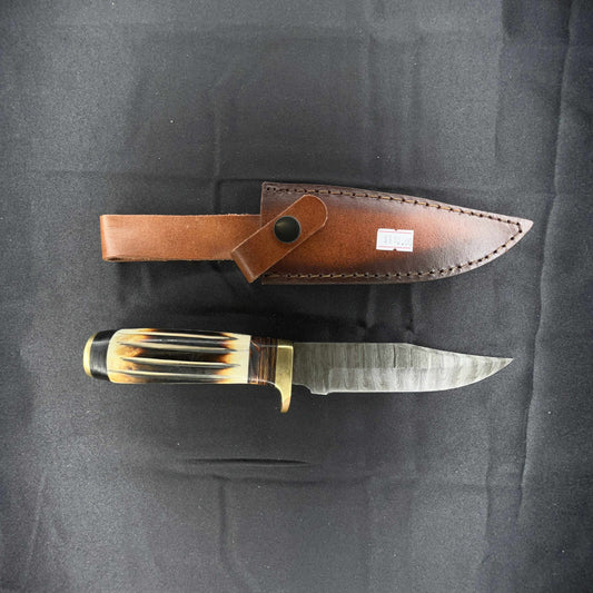 8in Damascus Steel Full Tang Hunting Knife with Elk Handle