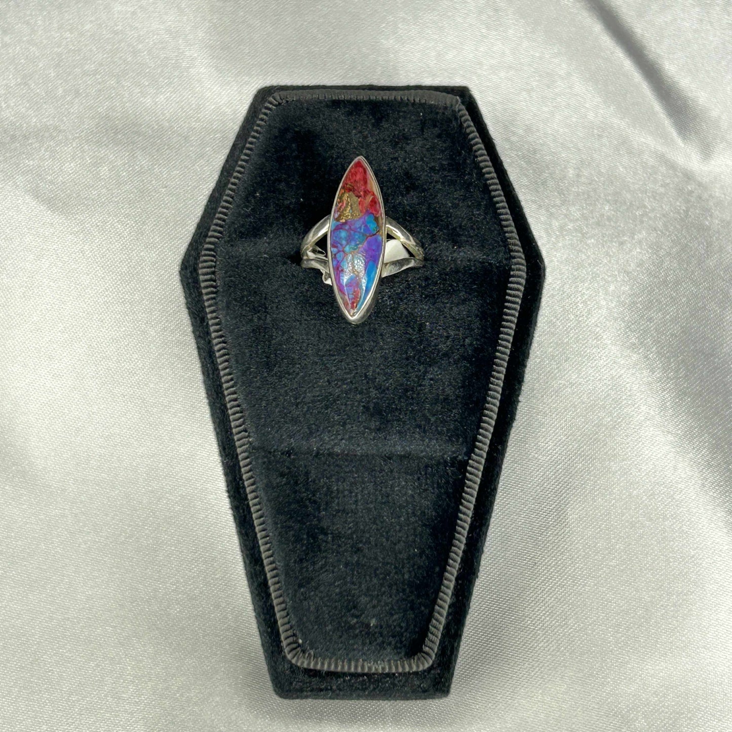 Pink Oyster Turquois Sterling Silver Oblong Cut Ring