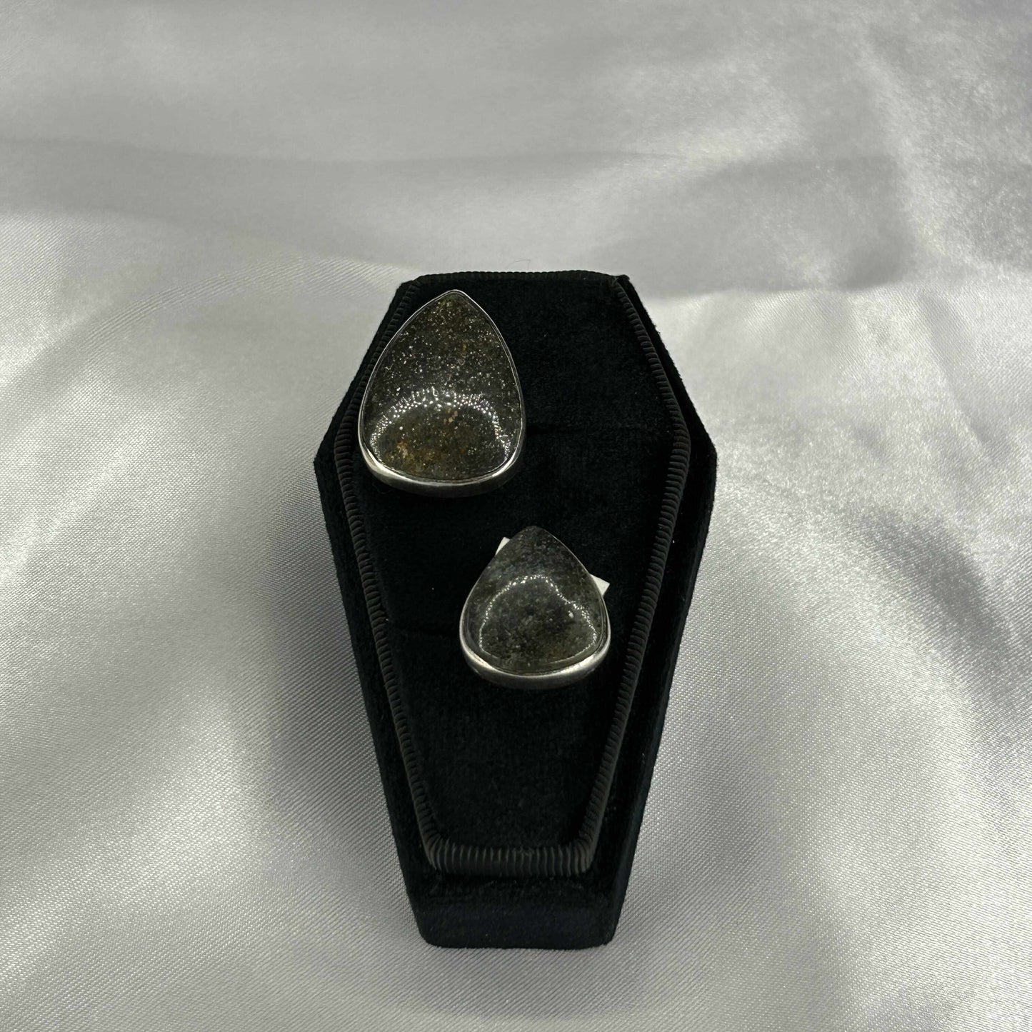 Black Sunstone Sterling Silver Adjustable Rain Drop Cut Ring