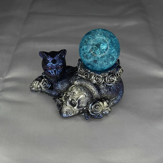 Blue and Silver Cat and Skull with Roses