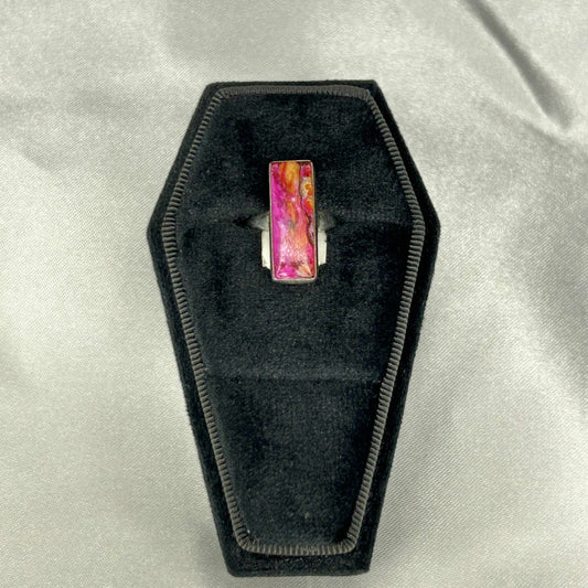 Pink Oyster Turquois Sterling Silver Rectangle Cut Ring