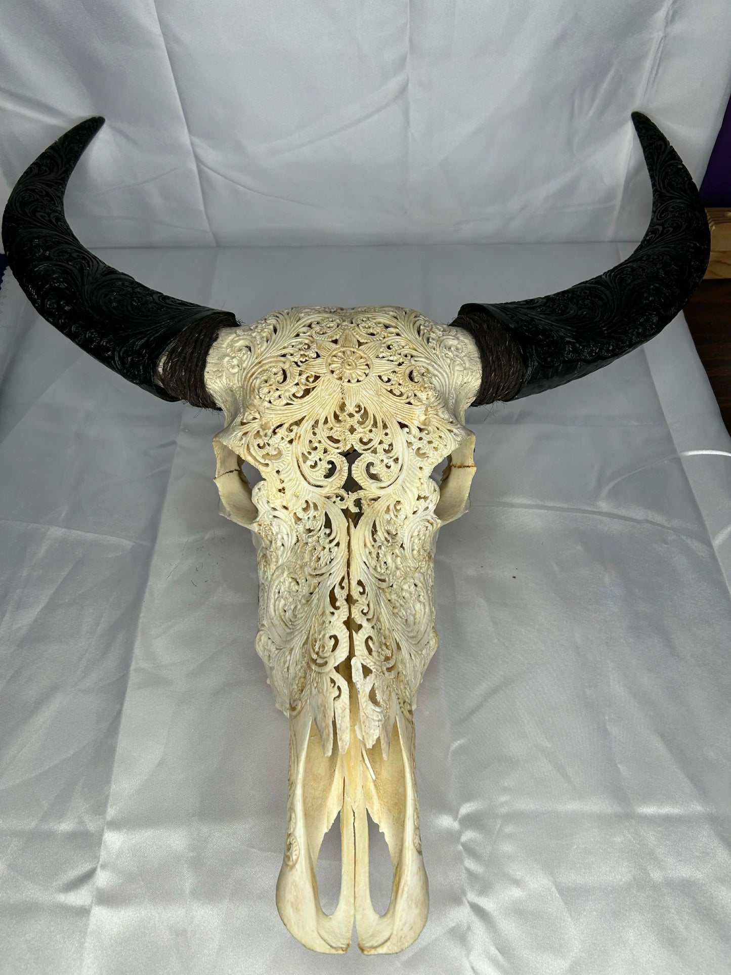 Decorative Bull Skull with Hand Carved Horns