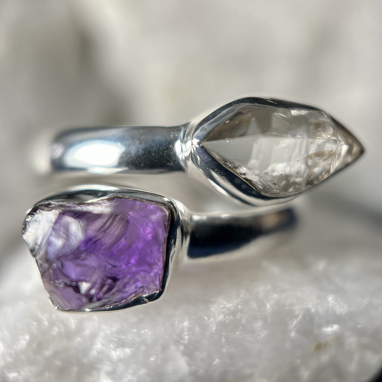 Sterling Silver Amethyst & Herkimer diamond ring (size 8)