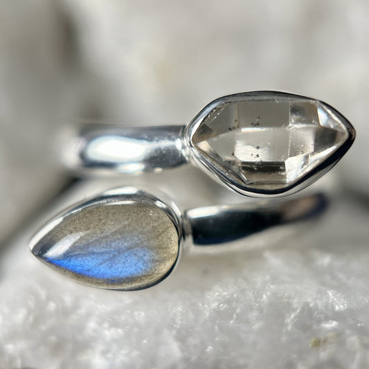 Sterling Silver Labradorite & Herkimer diamond ring (size 8)