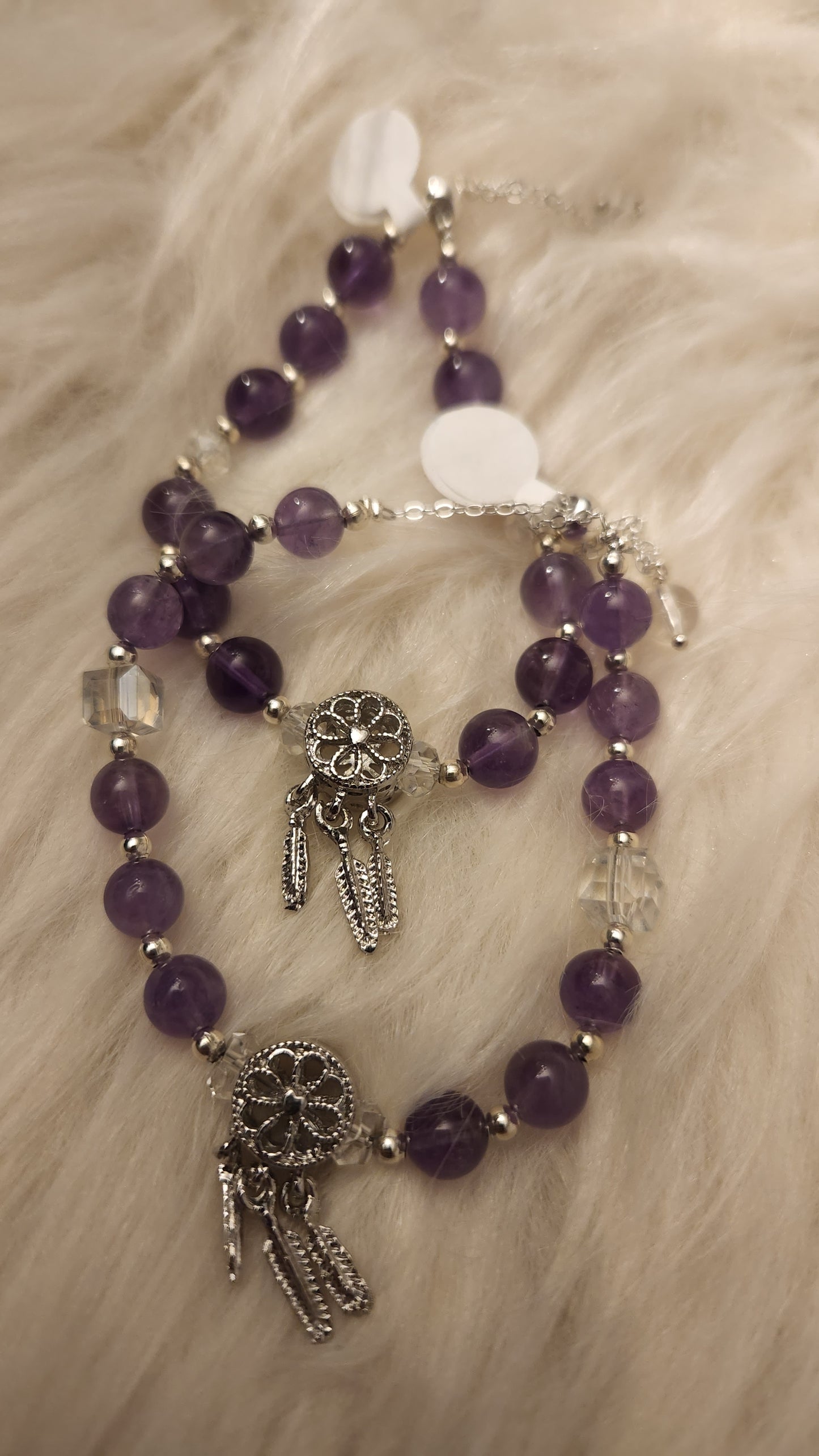 Amethyst bracelet with dreamcatcher charm (silvertone pull chain)