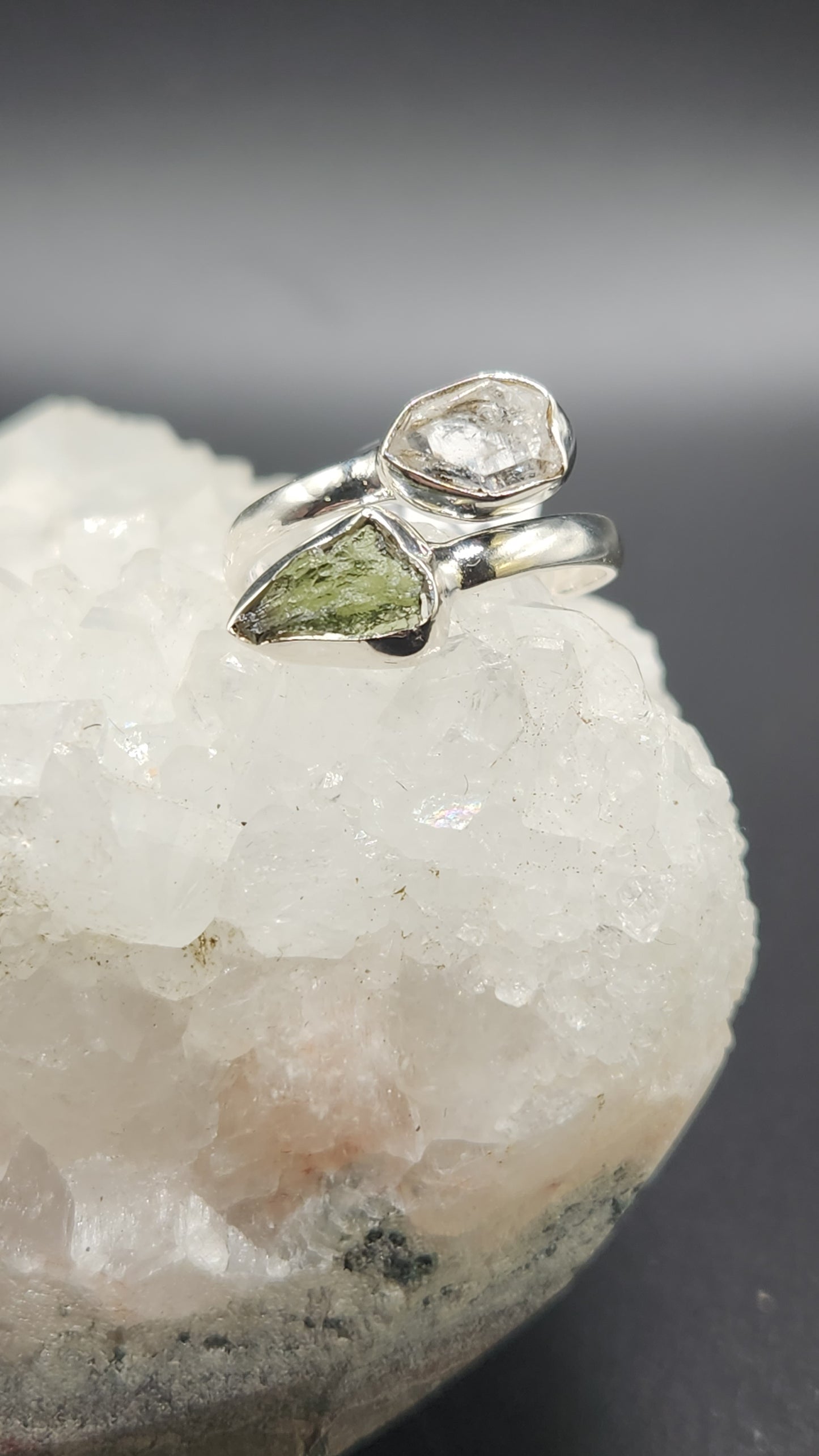 Sterling Silver Moldavite & Herkimer diamond ring (size 8) B