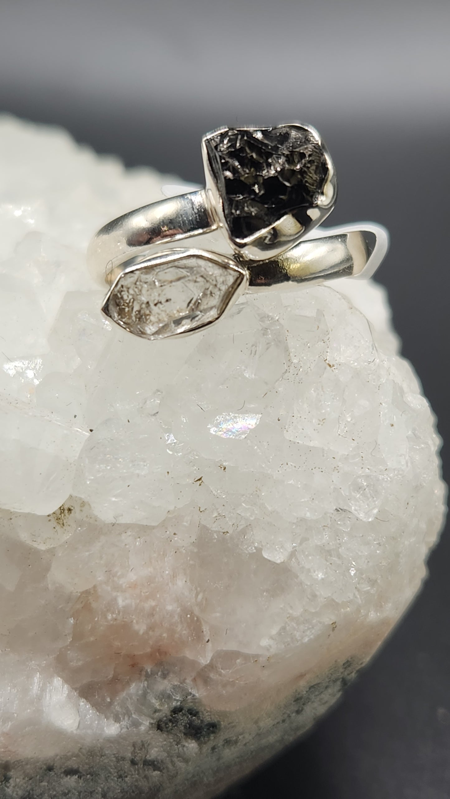 Sterling Silver Shungite & Herkimer diamond ring (size 8)