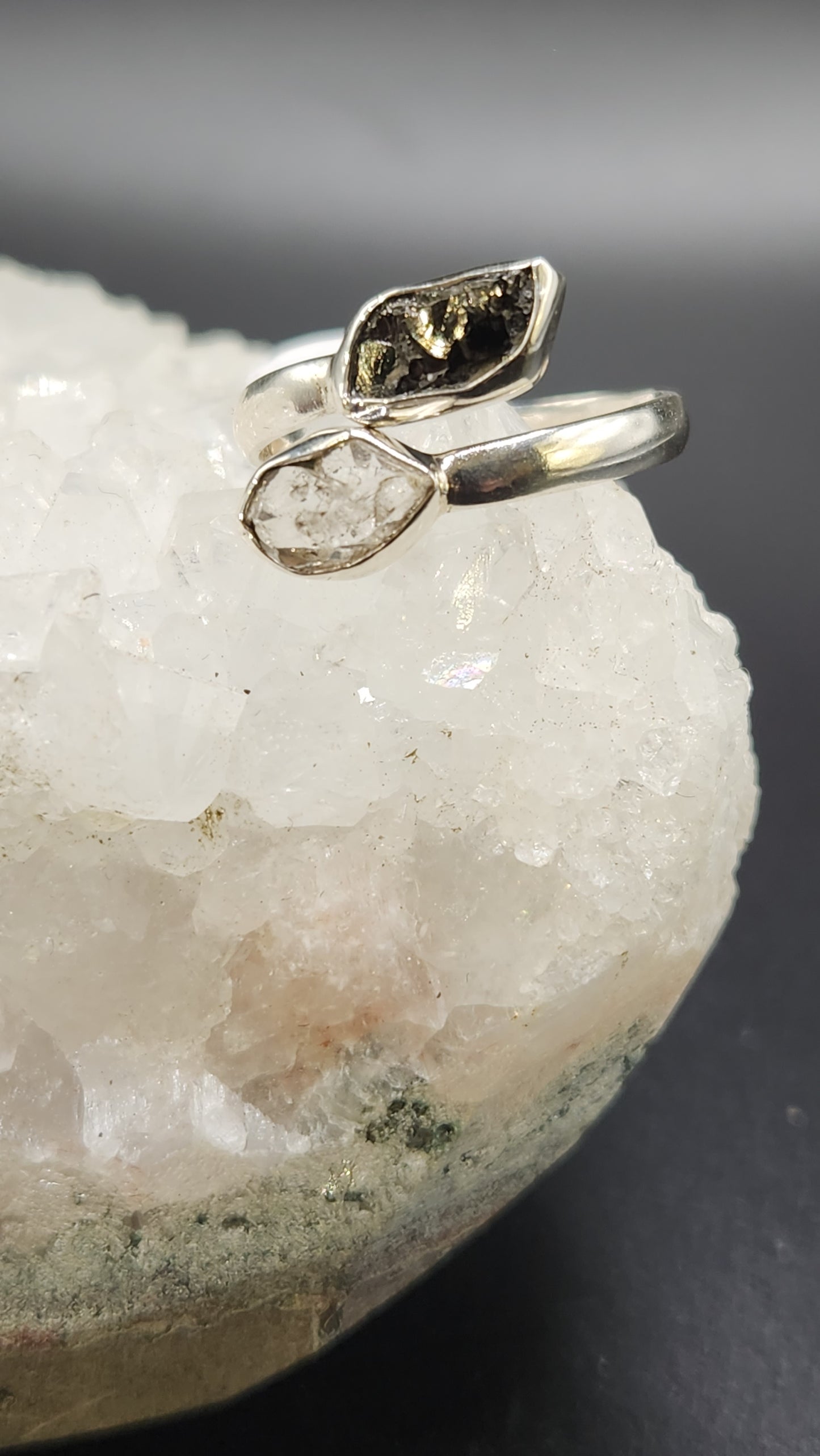 Sterling Silver Shungite & Herkimer diamond ring (size 9)