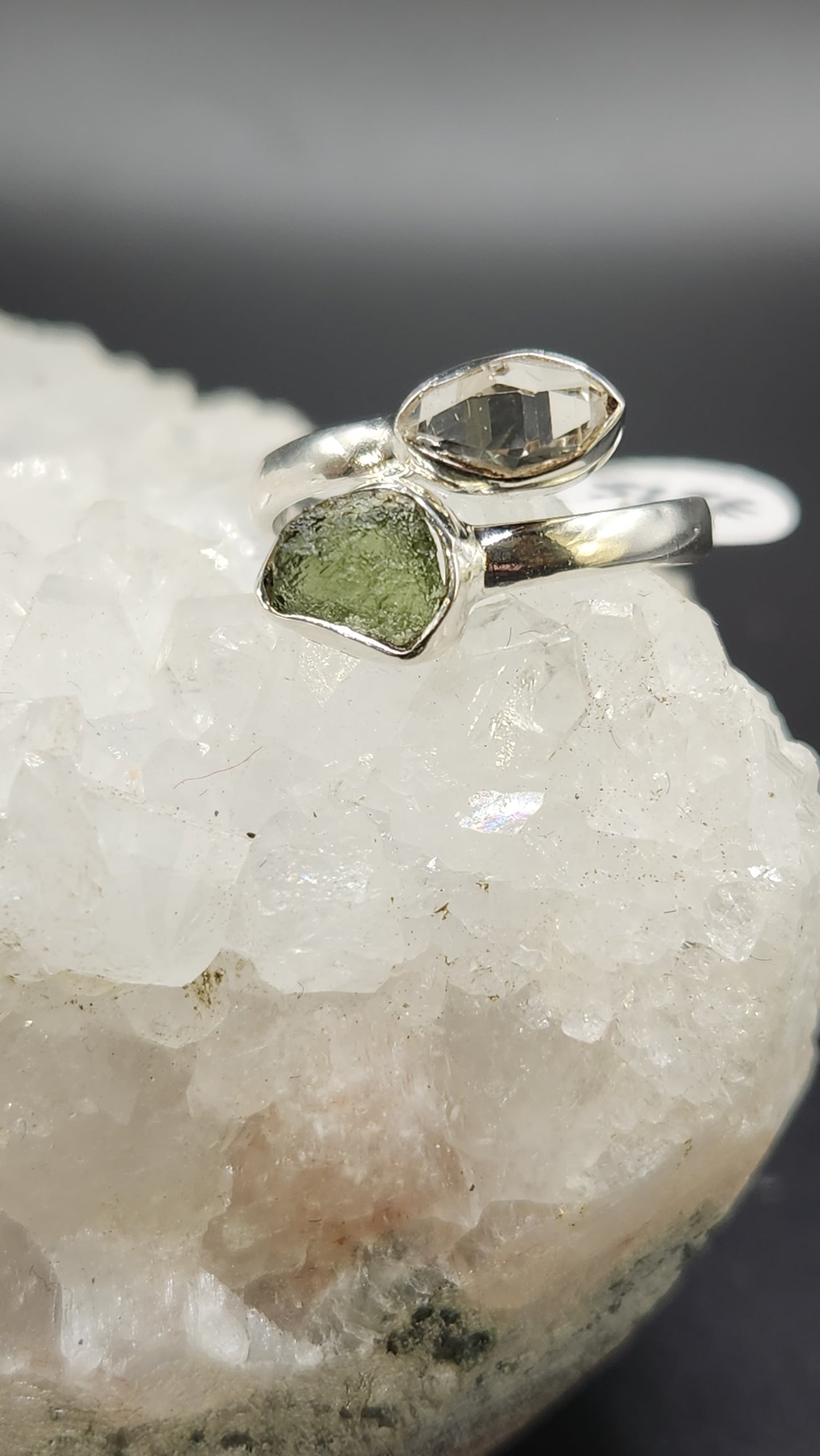 Sterling Silver Moldavite & Herkimer Diamond ring (size 7)