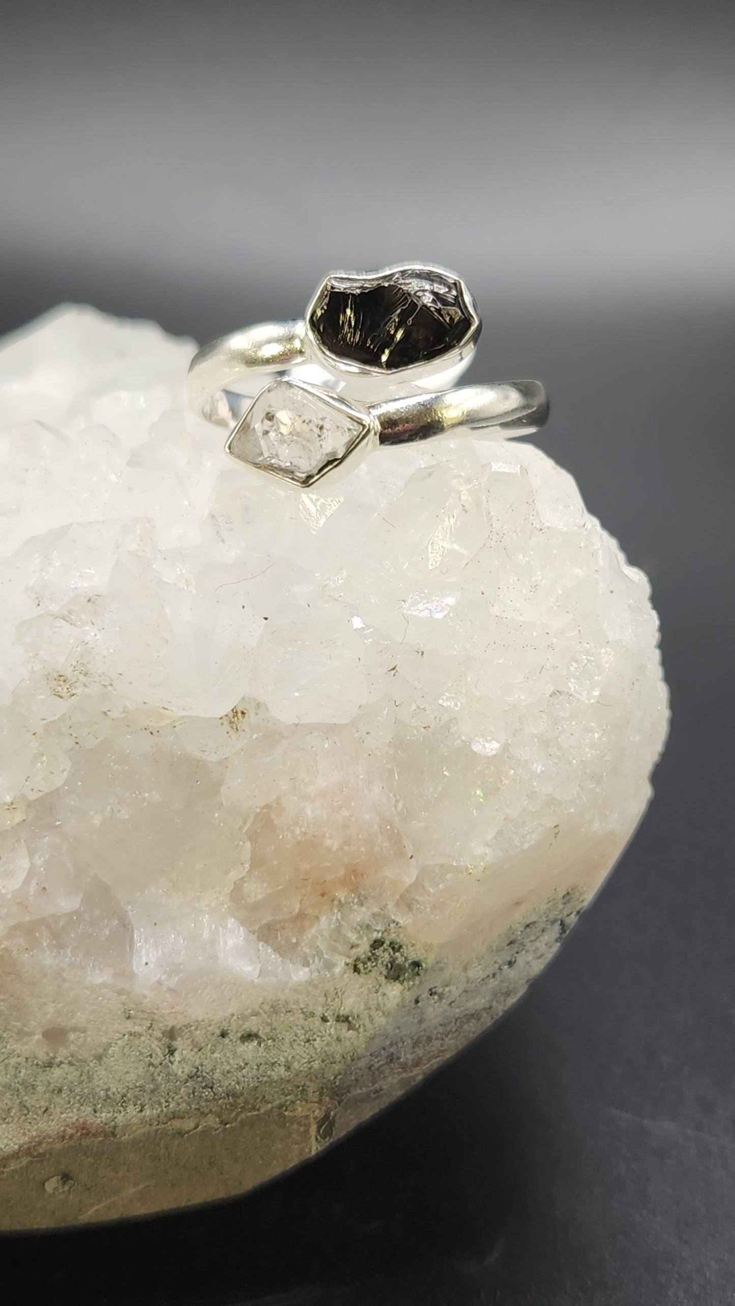 Sterling Silver Shungite & Herkimer diamond ring (size 10)