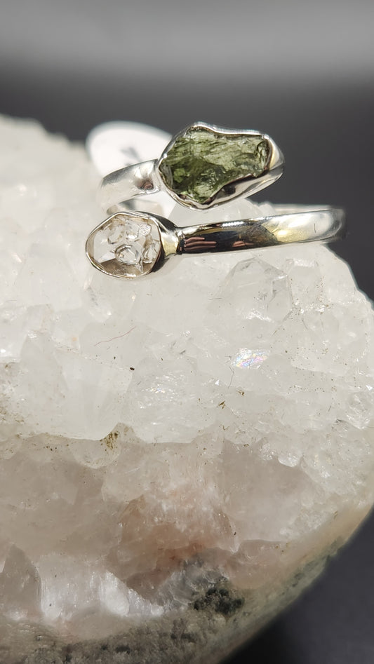 Sterling Silver Moldavite & Herkimer Diamond ring (size 10)