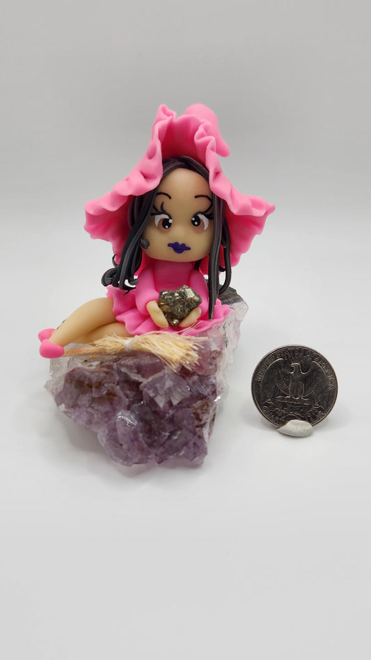 Pink Polymer Clay Witch on Amethyst w/ Pyrite - Handmade