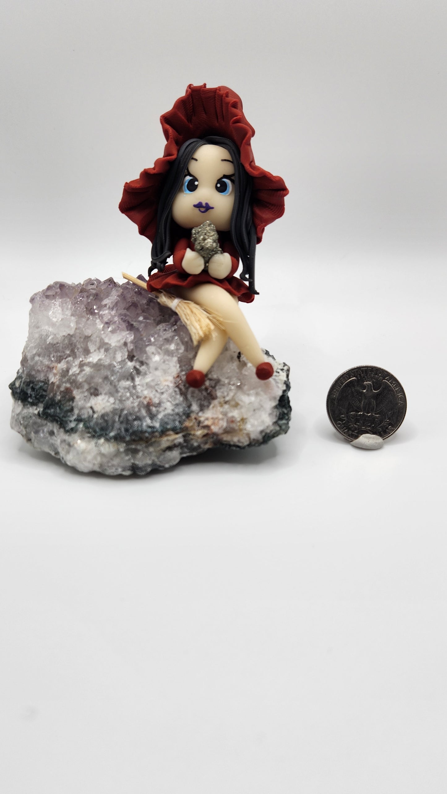 Red Polymer Clay Witch on Amethyst w/ Pyrite - Handmade