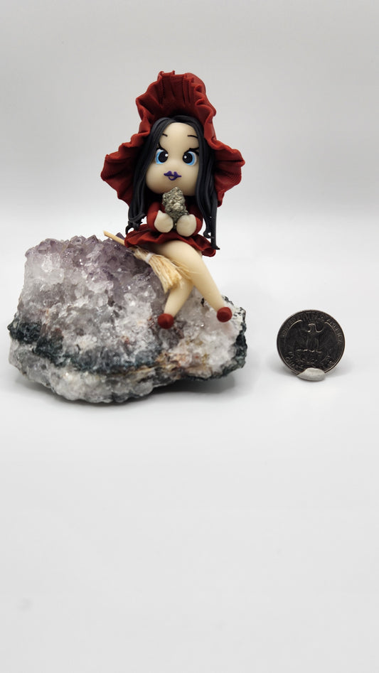 Red Polymer Clay Witch on Amethyst w/ Pyrite - Handmade