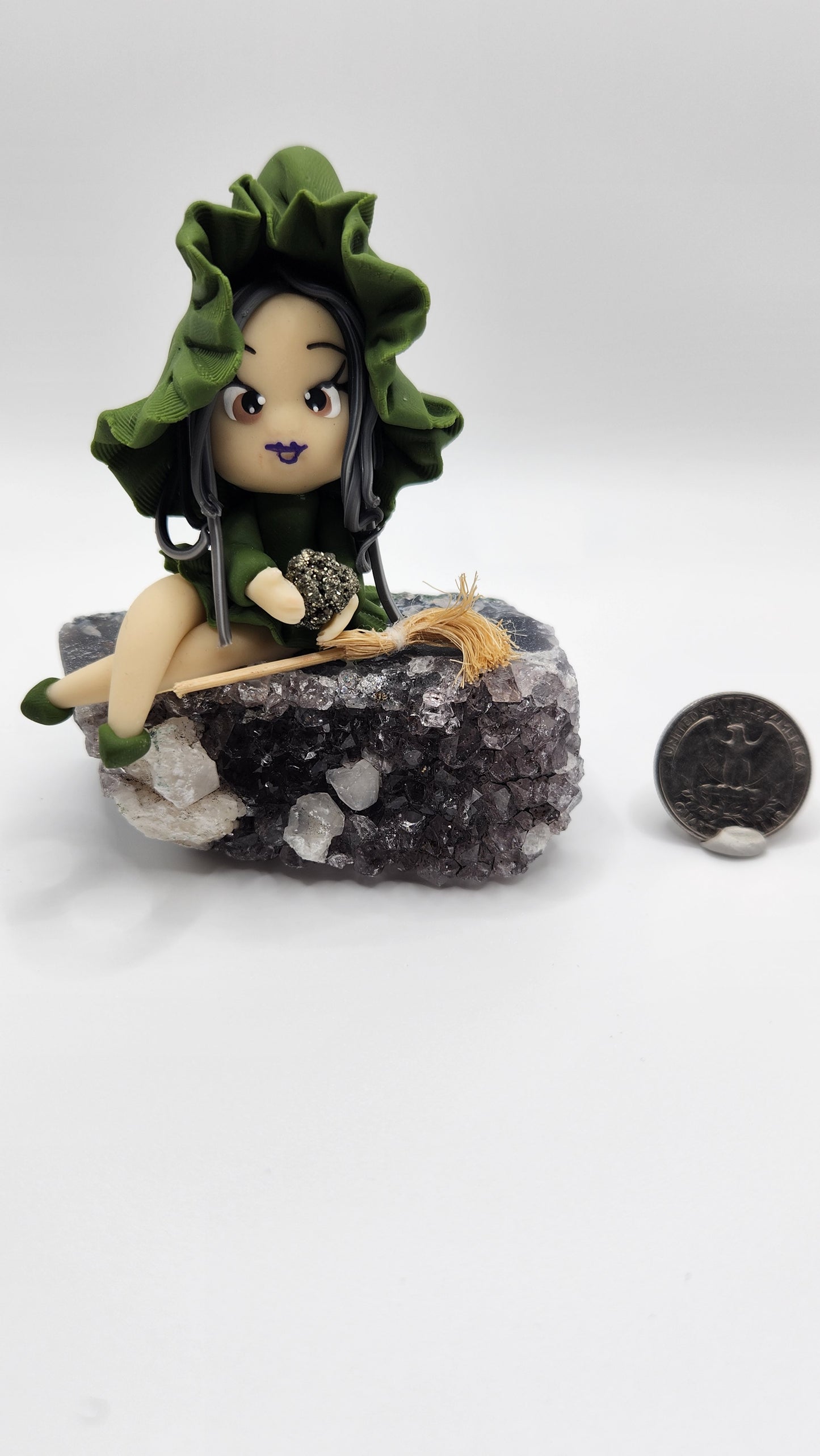 Green Polymer Clay Witch on Amethyst w/ Pyrite - Handmade