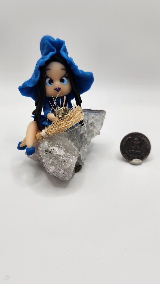 Blue Polymer Clay Witch on Amethyst w/ Pyrite - Handmade