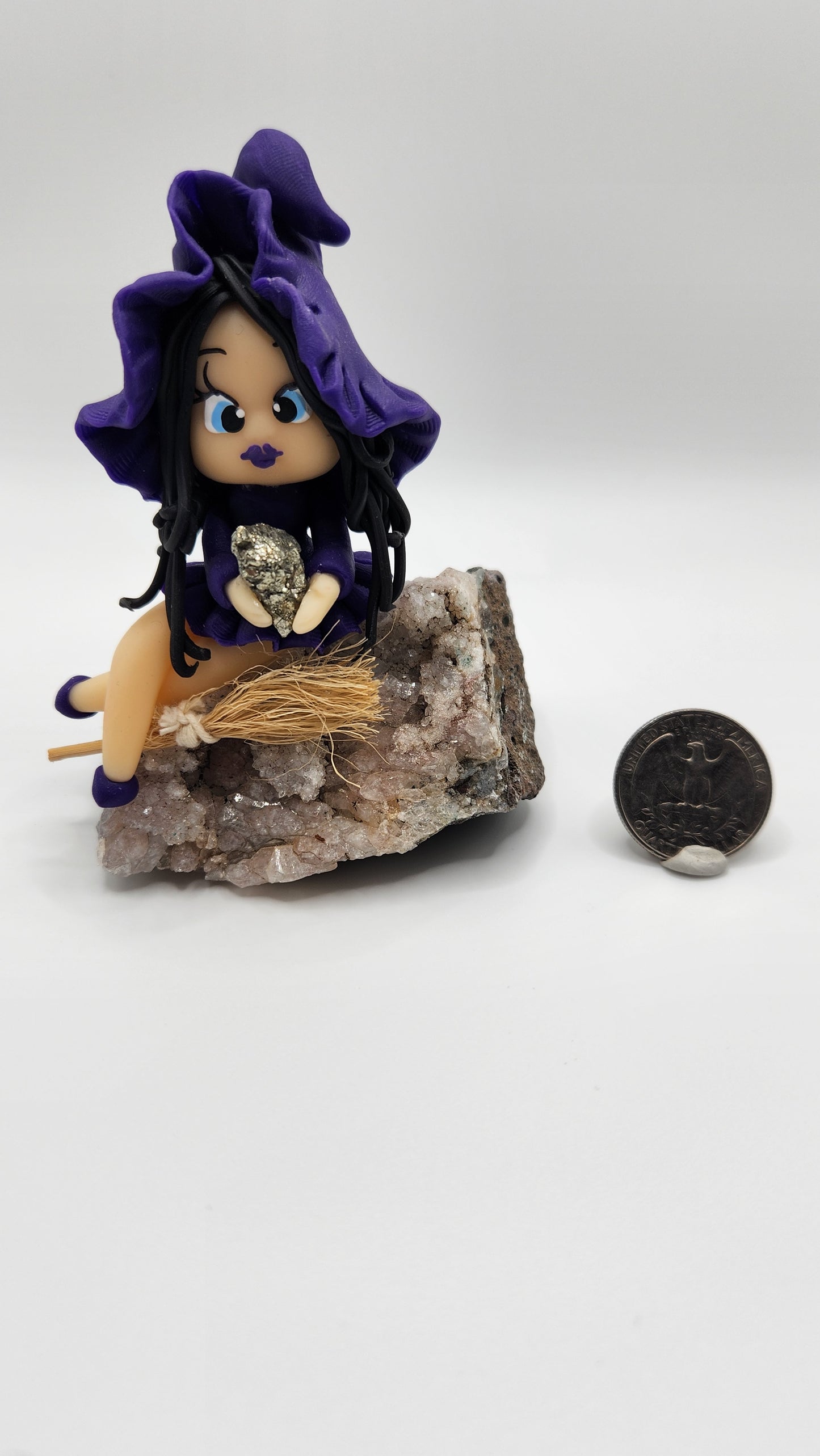 Purple Polymer Clay Witch on Amethyst w/ Pyrite - Handmade