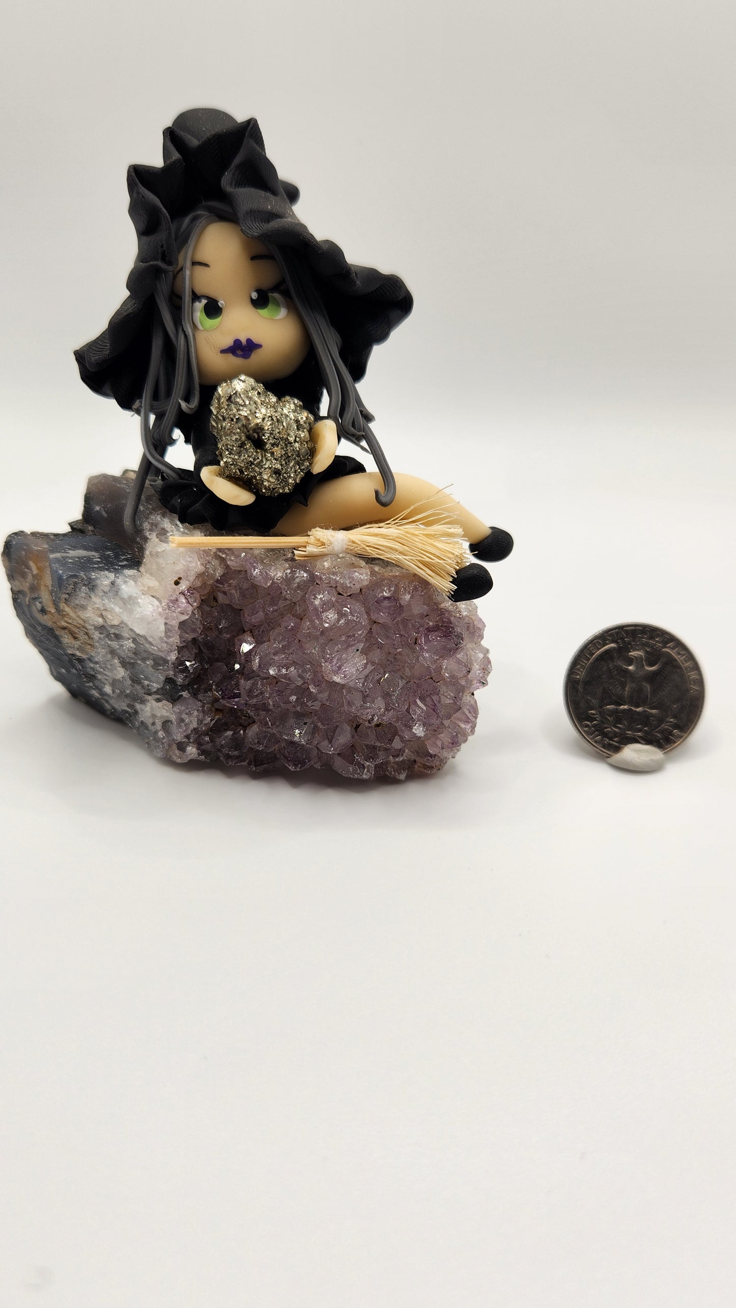 Black Polymer Clay Witch on Amethyst w/ Pyrite - Handmade