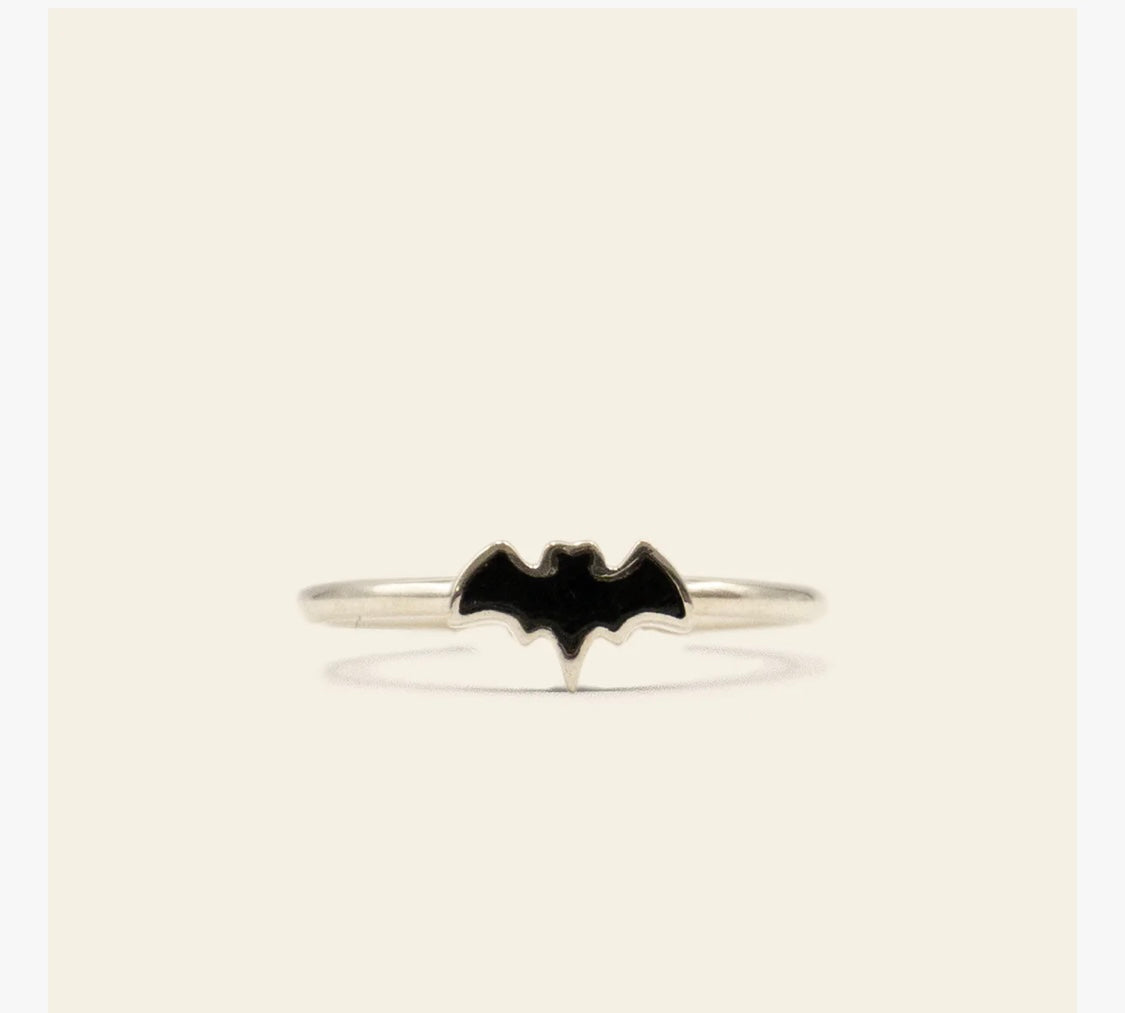 Sterling Silver Black tourmaline Bat ring (size 4)