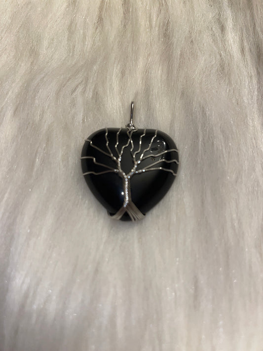 Black obsidian heart with silver tone tree of life