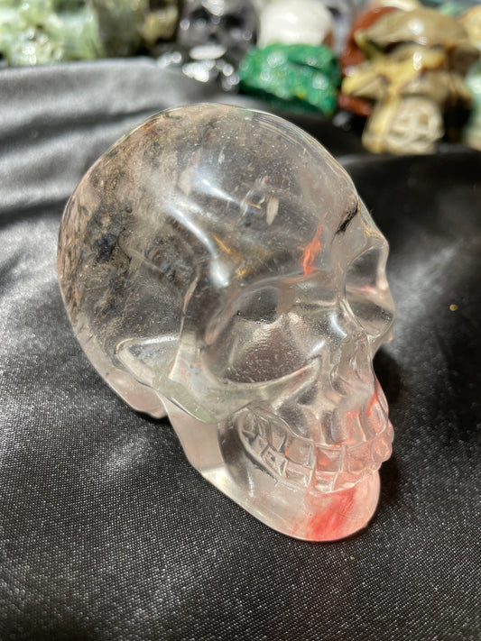 3.5" White Smelted Quartz Skull w/ cherry quartz