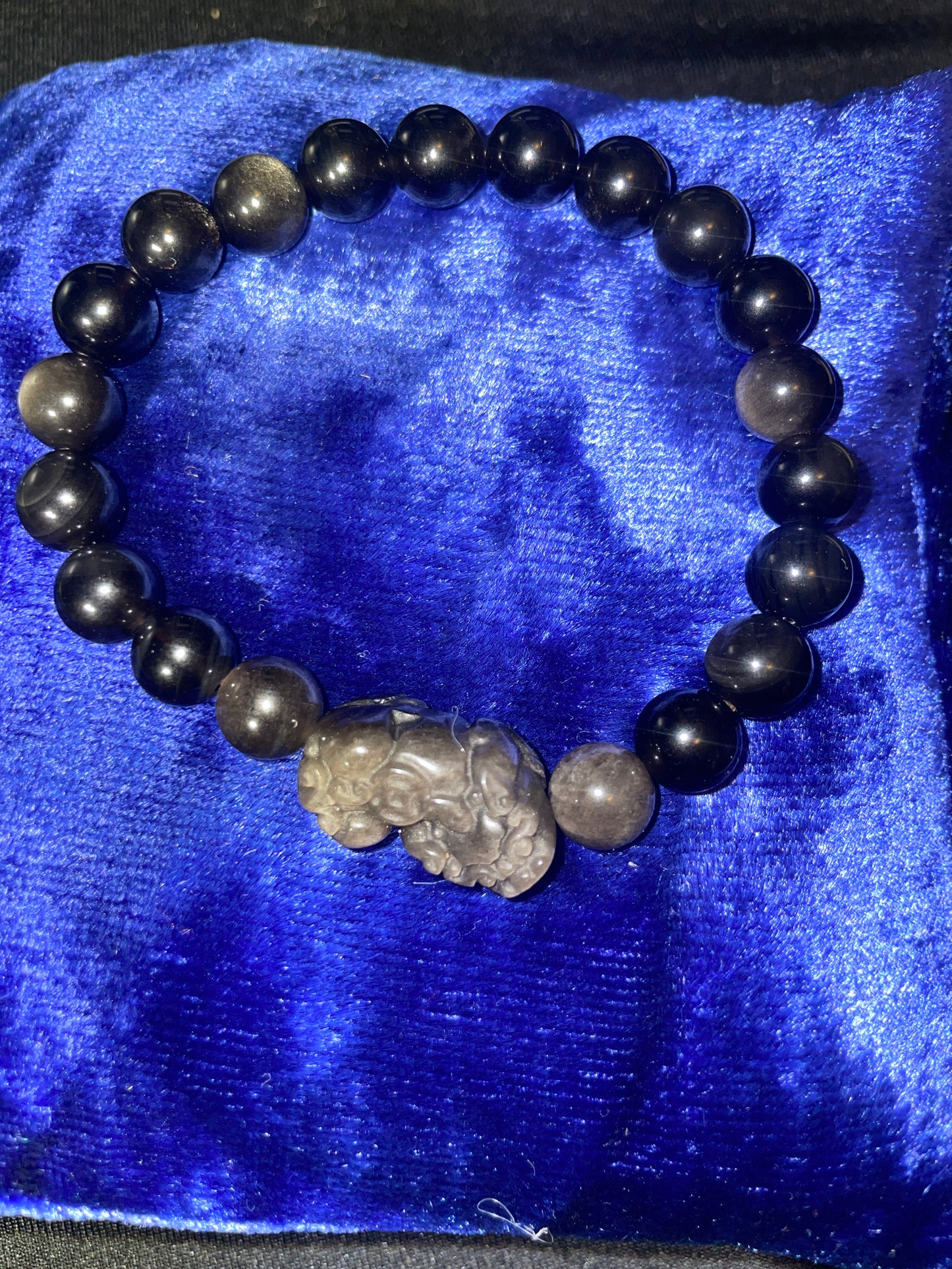 Silver sheen obsidian with pixiu charm bracelet