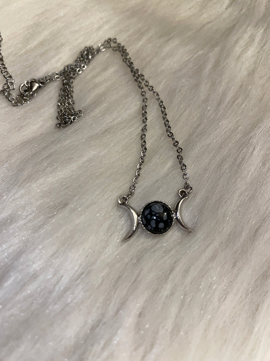 Triple moon necklace with (snowflake obsidian)