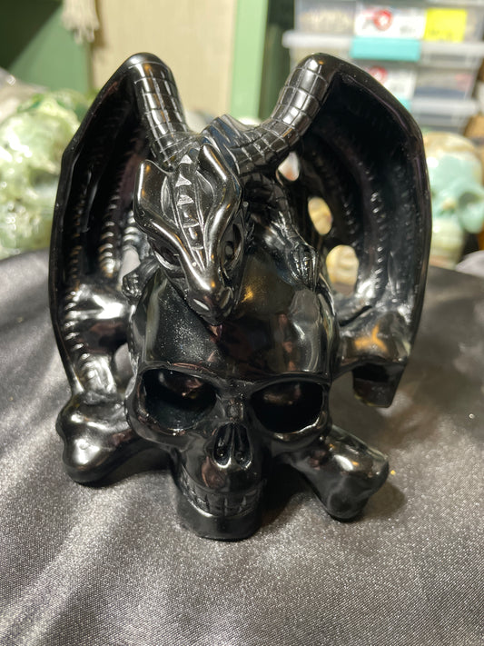 4.5" Black Obsidian Skull w/ Dragon