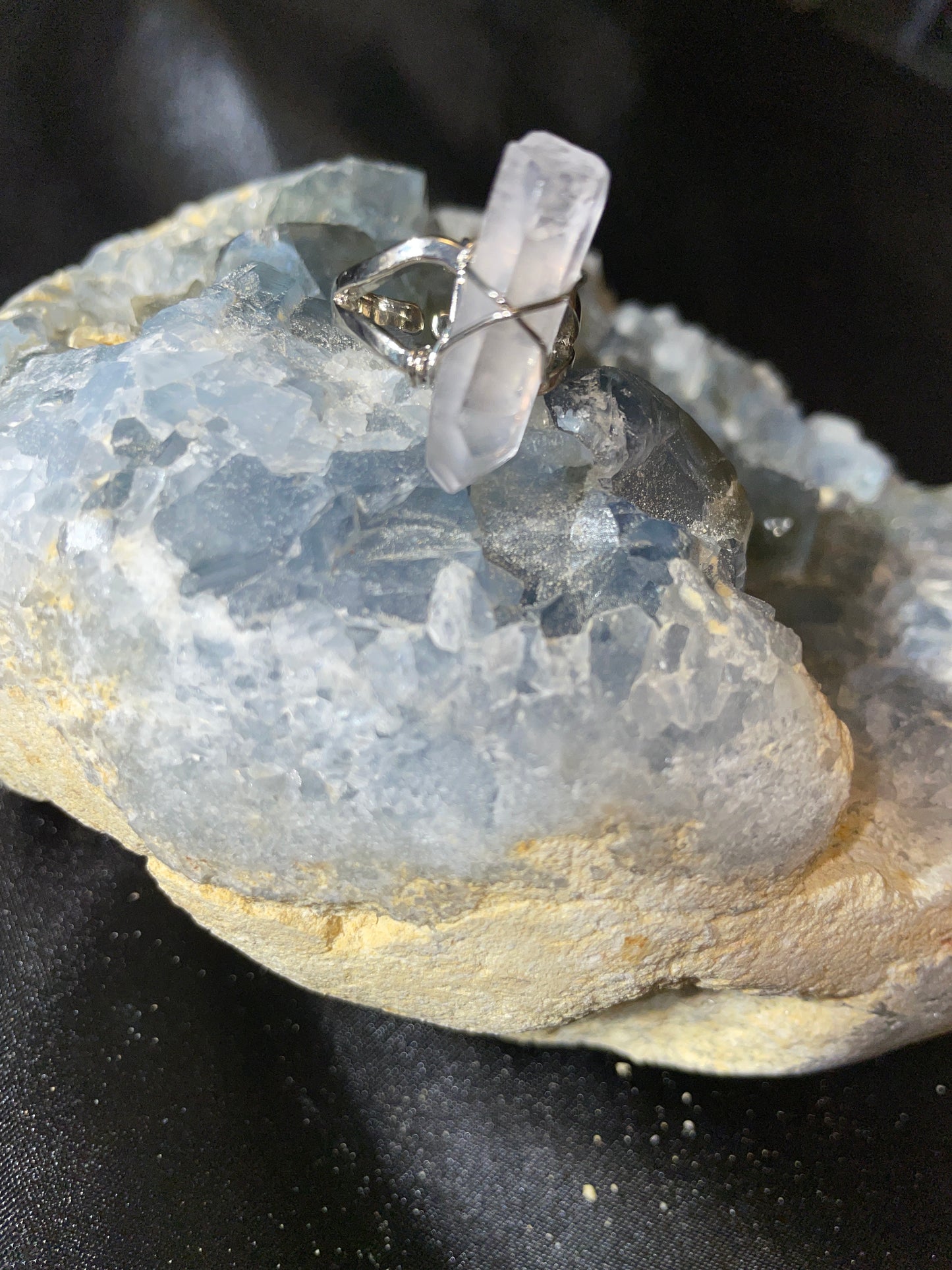 Clear quartz point ring (adjustable) silver tone