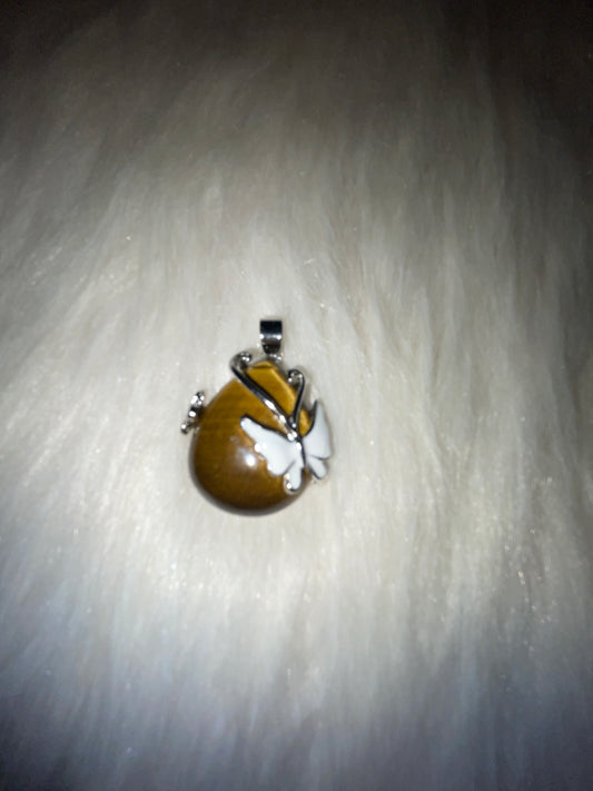 Tiger eye pendent with butterlfy (silver tone)