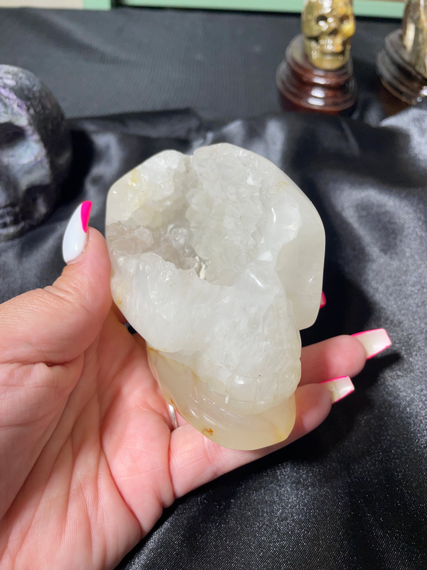 4" Druzy Quartz w/ Gold Healer Skull